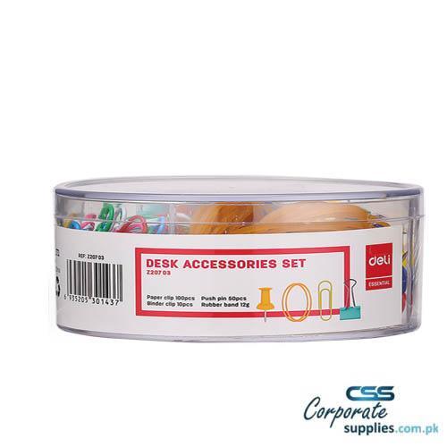 Deli Desk Accessories Set β Paper Clip, Push Pin, Binder Clip, Rubber Band (EZ20703)